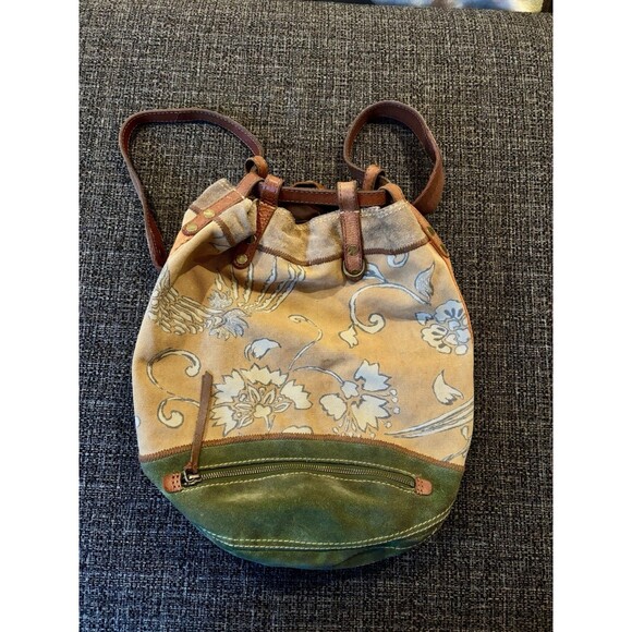 LUCKY Vintage inspired Brown leather Tan Floral Canvas Green Suede Y2K Backpack - Picture 2 of 6